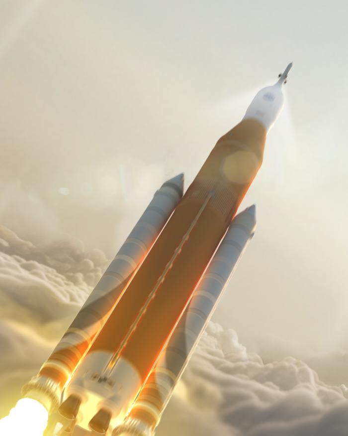 Artist rendering of SLS rocket at launch in the clouds. 