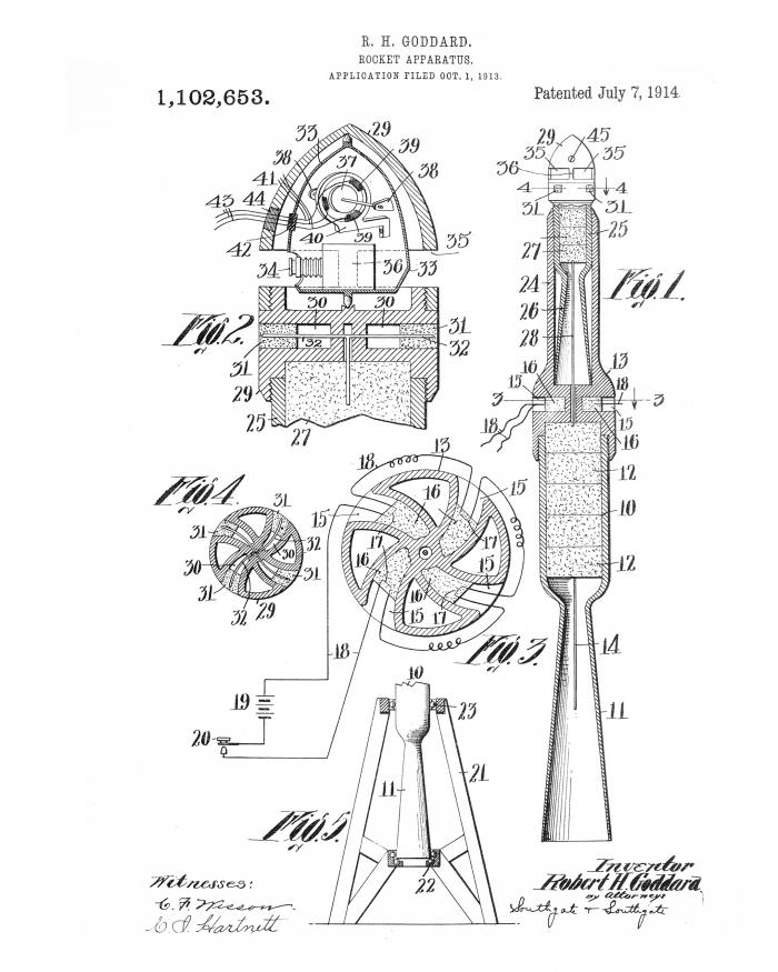 Patent Drawing of a Rocket Designed by Robert H. Goddard 