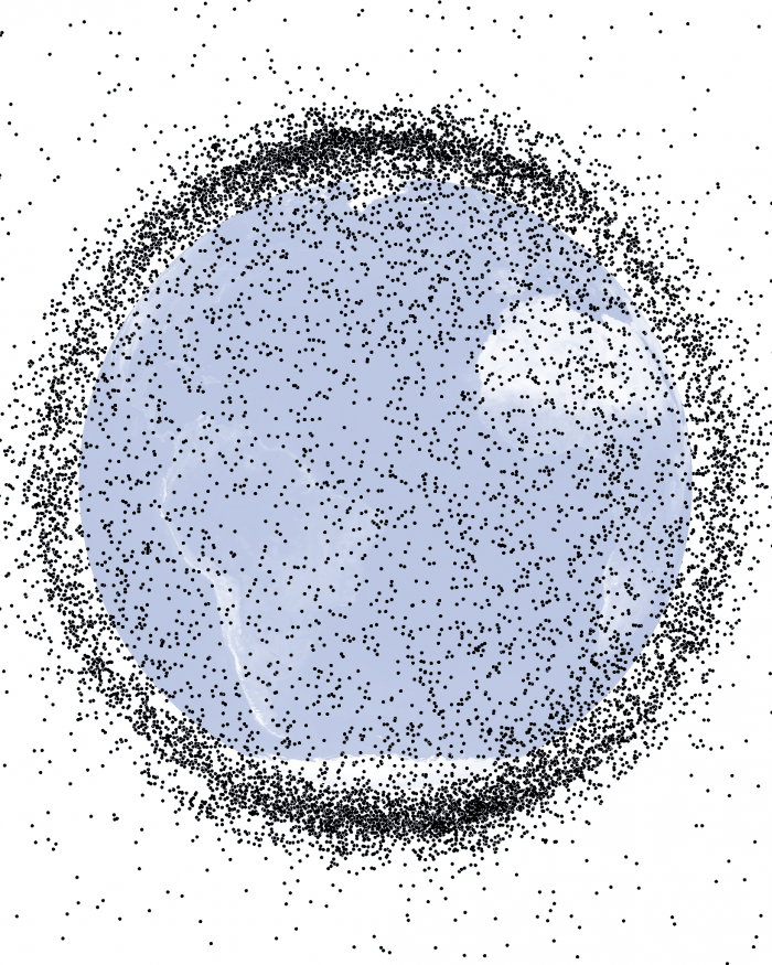 Image of Earth with dots inidicating the space debris in low-Earth orbit circling the planet