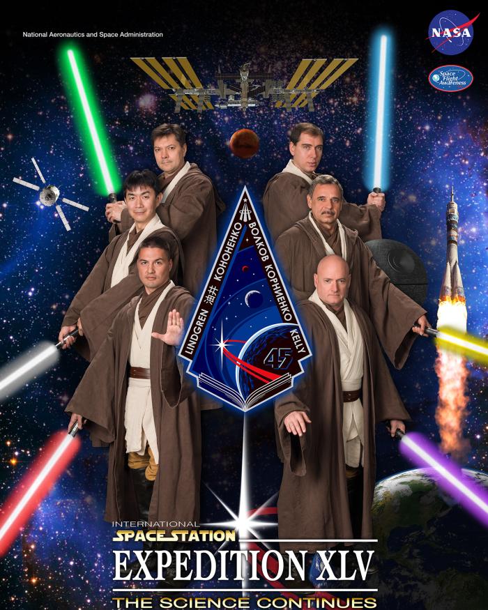 Expedition 45 members donned Jedi robes and hid a Death Star in their official crew poster