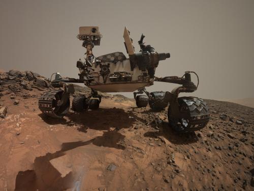 Self-portrait taken by Curiosity, a Mars rover, from multiple angles as Curiosity travels up a mountain of interest on Mars.