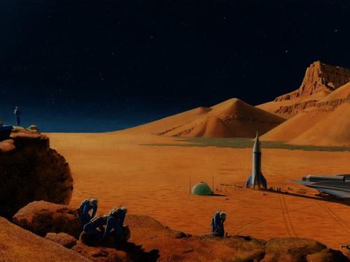 A painting depicting the Martian surface with spacecraft on it. 