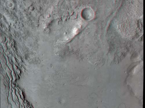 Anaglyph (3D image) of fractured crater fill in Mars’ northwestern Arabia Terra, grey rough surface.