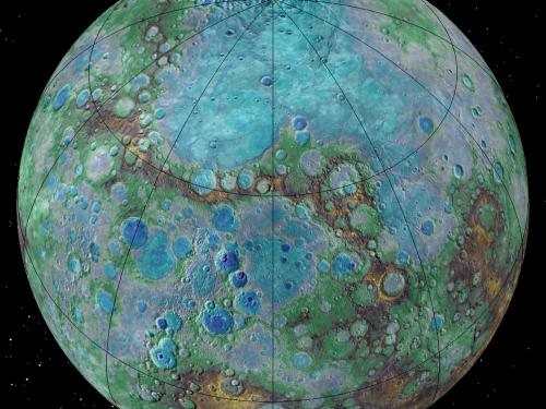 Semisphere of Mercury with topography details using multiple colors to detail altitude highs and lows.