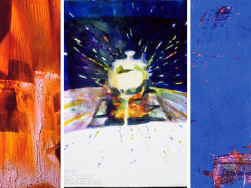 Three paintings of spacecraft launching