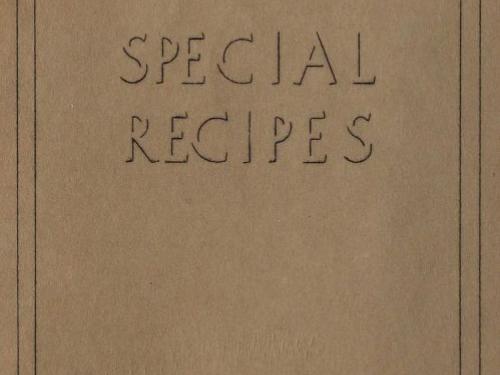 Cover Page, brown paper with two punched holes centered along the upper part of the page. Text in first two rows: "Headquarters District 'H' CCC / Fort Benning GA." Centered text in outline font "Special Recipes." Smaller text in lower right corner, "September 1, 1936" 