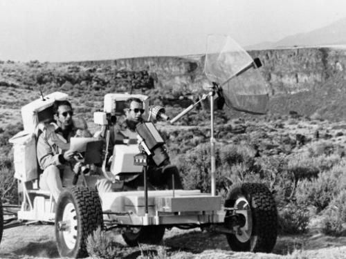 Dave Scott (right) and Jim Irwin (left) driving the Geologic Rover (aka Grover) along the rim of the Rio Grande Gorge at Taos, New Mexico. 