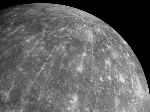 Black and white impact crater Hokusai on planet Mercury.