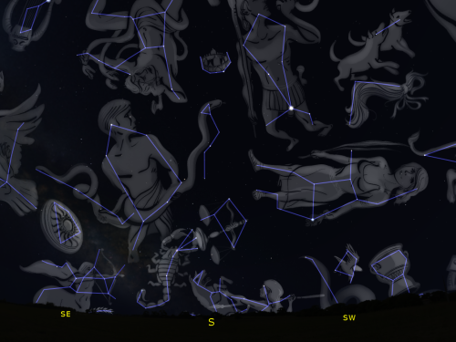 A map showing constellations in the night sky. 