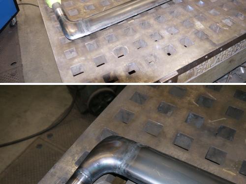 [Top] One radar mast fully welded. [Bottom] Detail view of the elbow welded in place.