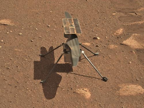 Close-up image of the Ingenuity Mars Helicopter on the surface of Mars.
