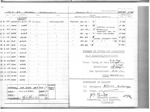 A flight logbook spanning three pages with handwritten details.