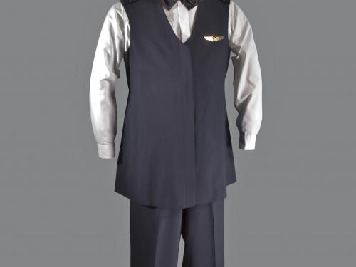 A photograph of a United Airlines' maternity uniform on a mannequin. 