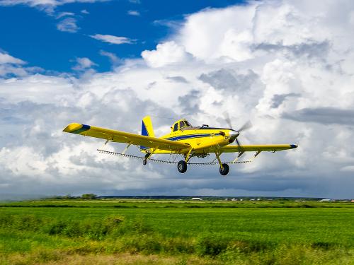 A crop-duster airplane flies low above a lush field. 