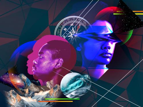 collage of multicolored images including human faces, compass, waves, mountains, and abstract lines and shapes