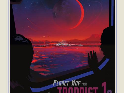 A poster showing the silhouettes of people staring out a window at the silhouettes of planets. 