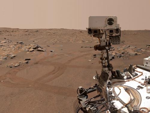 Close-up "selfie" image of the Perseverance rover.