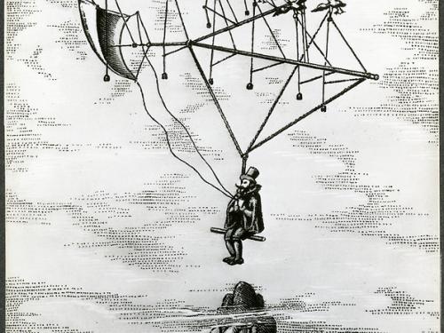 Illustration of a man sitting in a flying contraption that is carried by birds. He floats above the ocean and a large rock.