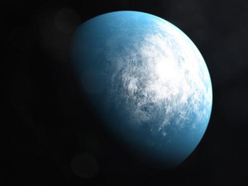 Rendering of blue, cloudy planet