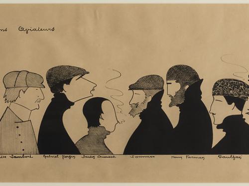 Caricature drawing of 13 people from the shoulders up. Six people on the left half all face toward the center, and seven people on the right half also face toward the center. Most wear caps and large overcoats.