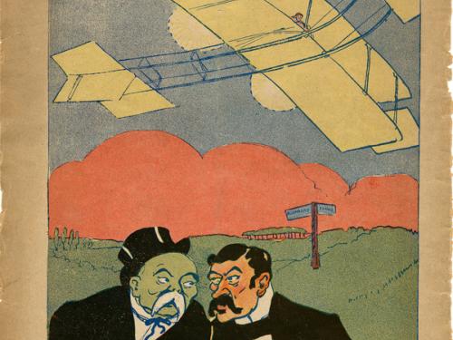 Two formally dressed men speak to each other in the foreground while a biplane flies above. In the background are signs pointing towards France and Germany. 