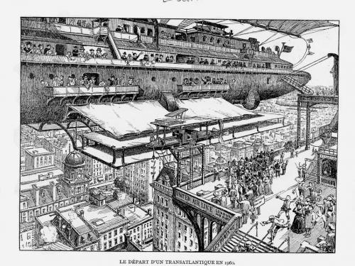 A large airship docks at a rooftop departure platform; passengers wave at a small crowd; rooftops of a large city are visible below and in background. 