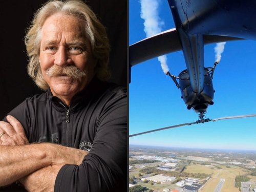 Portrait of a Chuck Aaron and a photo a helicopter being piloted upside down