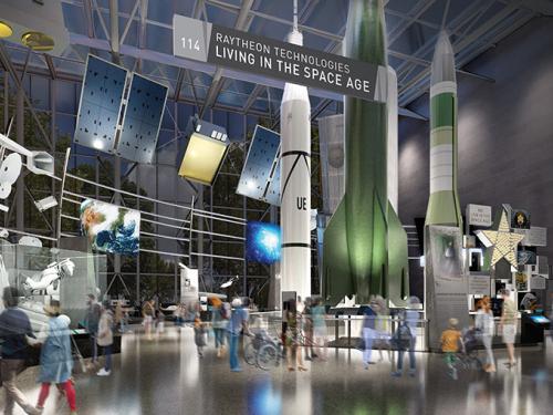 An artistic rendering of the forthcoming Raytheon Technologies Living in the Space Age gallery depicts visitors looking at displays of space suits and a missile pit displaying the earlies rockets of the space age.