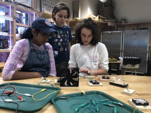 Campers at the S.H.E. Can STEAM Aviation Camp work on circuits