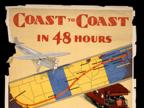 An poster advertising offering travel coast to coast in 48 hours. An illustration of a train, airplane, and cross-country route are in the middle of the poster. At the bottom it says rail and air by night...luxurious trains, by day...safe swift planes.