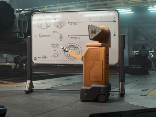 An animated still of a robot teaching two people about something on a whiteboard. 