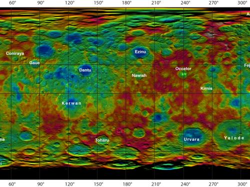 A topographic map showing the various elevations on Ceres, a dwarf planet. High points are in white whereas low points are in blue.