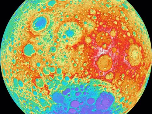 A vibrant colored map demonstrating the topography of the Moon.