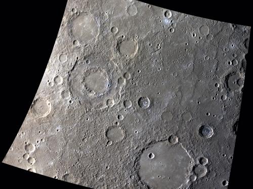 Two large basins, one at the upper left and one on the lower right. The one on the upper left has another ring inside it, whereas the one in the lower right appears more smooth. 