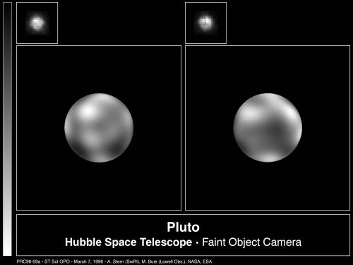 Two views of Pluto, which are grainy and fuzzy.