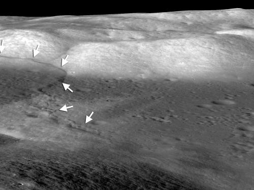 A ground level view of a scarp on the surface of the Moon. 