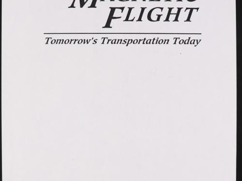 Printed page. Text in center: Magnetic Flight: Tomorrow’s Transportation Today.  Text at bottom: VSE international, Velocity, Silence, Efficiency.