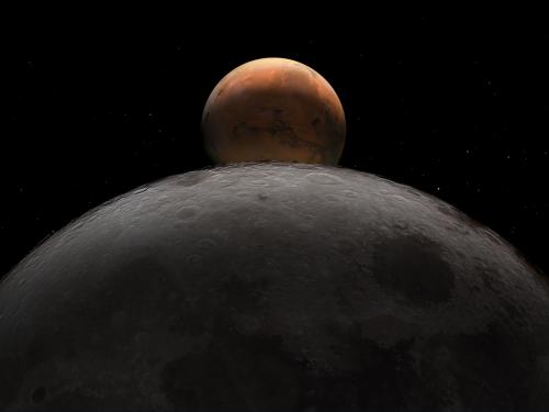 Half sphere of Moon with Mars beyond it