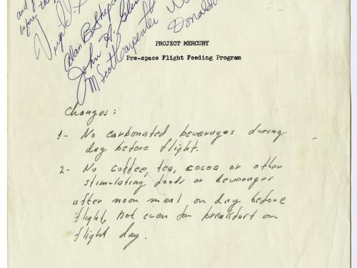 Typed page of information with signatures of astronauts in upper left hand corner