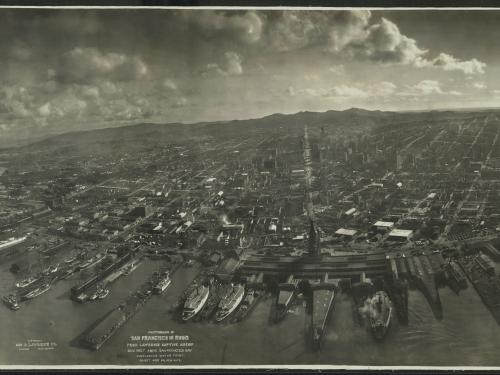 An aerial view of the city of San Francisco in ruins after an earthquake in 1906.