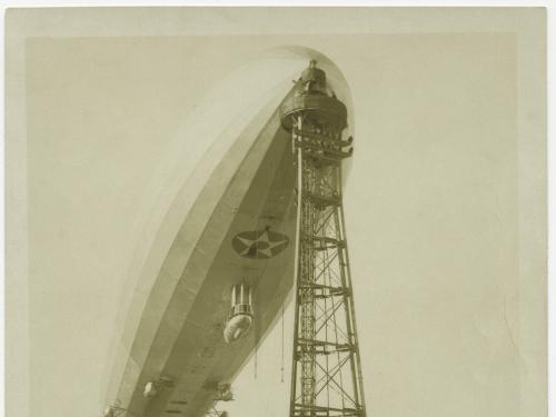  Three-quarter right front view from below of US Navy airship ZR-1 Shenandoah tethered to mooring mast.