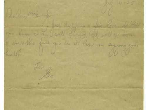 A weathered letter addressed to Aunt Ellen and Jim written by George Schnitzer, Jr. 