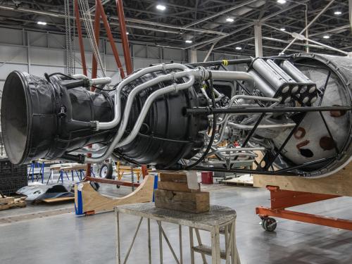 Propulsion system of a rocket inside a restoration facility.