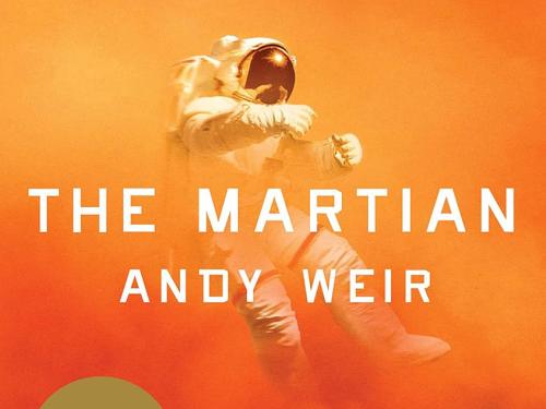 Book cover for The Martian by Andy Weir. It depicts an astronaut in a white spacesuit floating against a cloudy orange background that ombres from light orange to dark orange. In addition to the title and author, the cover features the words "New York Times Bestseller" and "A Novel" and a seal that reads "Now a major motion picture from Twentieth Century Fox"