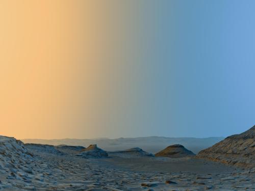 Panoramic view of the Martian surface at twilight with a clear sky transitioning from blue to orange gradient.