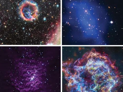 Four different images of stars, galaxies, and nebula shine bright against the black cosmos. In each image, light representing a celestial object is clusterd in a round shape.