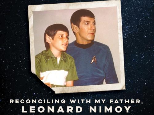 Book cover that features as photo of Leonard Nimoy with a young boy, his son Adam, both wearing Spock ears. The title is The Most Human: Reconciling With My Father Leonard Nimoy.