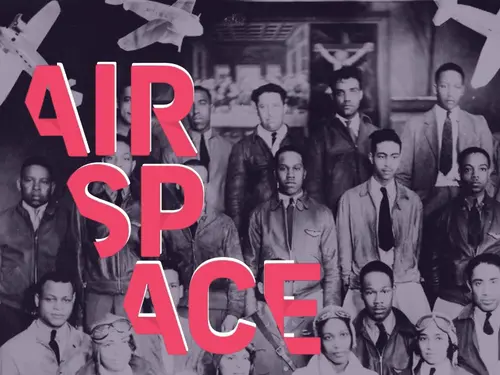 A black and white photograph of many roles of Black pilots in 1920s flight grab staring at the camera. Images of planes were superimposed over the picture. A purple wash and the AirSpace logo has been added on top.
