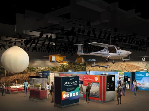 A rendering of a museum gallery with a small aircraft suspended from the ceiling visible in the foreground and a weather balloon in the background, with interpretive panels throughout the space.