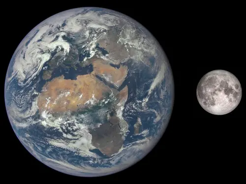 The Earth and the Moon pictured next to each other in a rendered image.